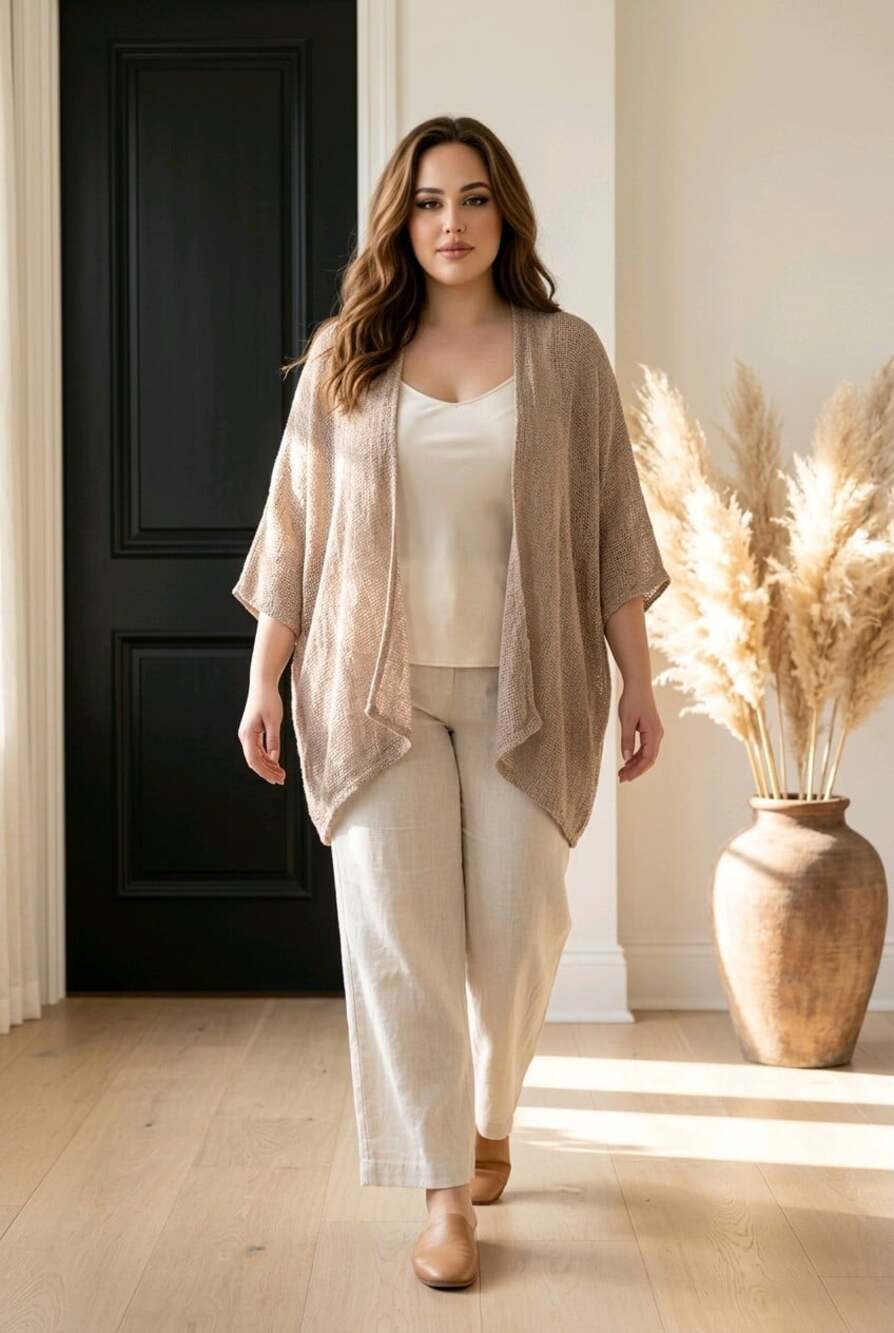 Boho Resort Wear Open Weave Mesh Cotton Minimalist Kimono Kaftan Blouse Relaxed